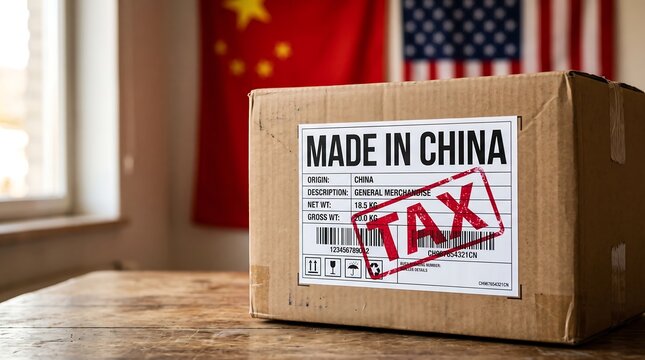 Cardboard delivery box labeled made in china with customs tax stamp against national flags shipping cardboard delivery logistics business commerce international transport government