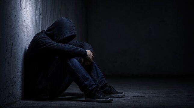 A person in a hoodie sits alone in a dark, empty corner, conveying isolation and deep contemplation.