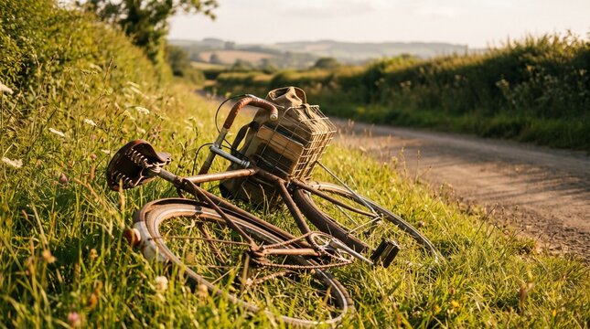 Vintage bicycle resting on a grassy verge beside a rural dirt path with a travel backpack during a golden sunset