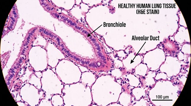Microscopic view of healthy human lung tissue stained with H and E showing bronchiole and alveolar duct