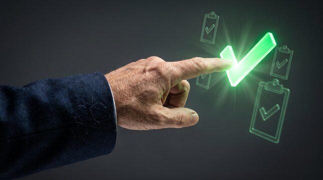 Businessman touching a glowing green check mark for successful task completion and digital approval