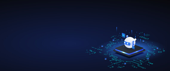 Naklejka premium AI agentic automation isometric vector illustration. robot assistant dashboard automation system concept with coding and digital machine learning concept web banner.