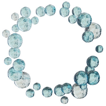Round bubbles are arranged in a circular frame on a clear background. The bubbles are in various sizes and shades of blue and clear. The focus is on the bubbles only