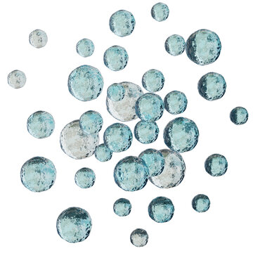 Bubbles of various sizes are cut out with a clear background. They are arranged randomly to create a 3D effect. This scene does not depict any specific location or activity