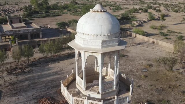 Ancient mosque in the city of Bahawalpur, near Derawar Fort -  Aerial drone shot - 4K. 