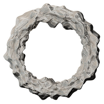 A chrome ring with a round frame is isolated and cut out. The design features a wavy pattern and appears shiny against a clear background. The scene has no distractions