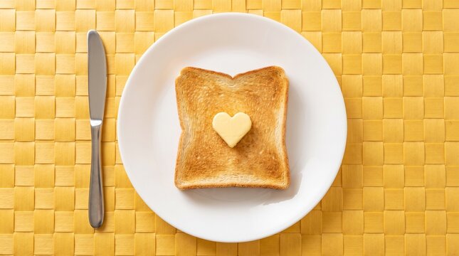 Heart shaped butter slice resting atop golden brown toasted bread slice served upon white ceramic plate