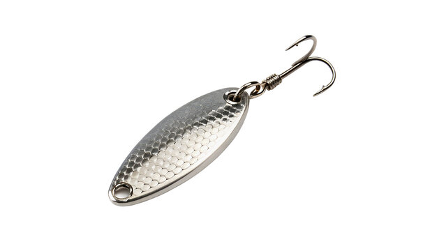 Silver metal fishing lure spoon with a sharp treble hook isolated on transparent background