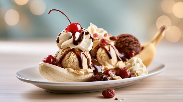 National Banana Split Day: a beautifully styled banana split dessert positioned on the right side of frame with three ice cream scoops, whipped cream, cherry and chocolate drizzle