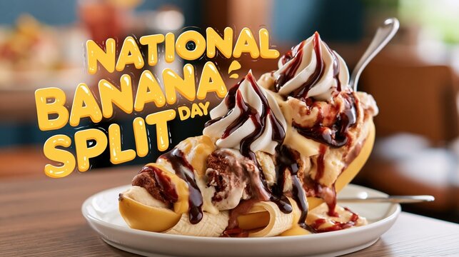 Banner photograph celebrating National Banana Split Day, large bold yellow text "NATIONAL BANANA SPLIT DAY" centered at the top in a playful rounded font