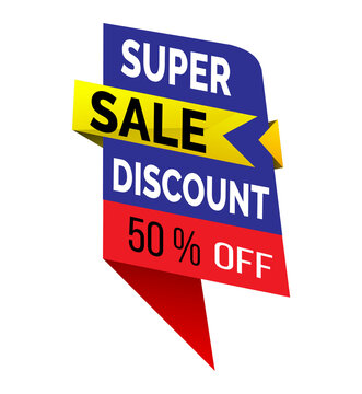 Super Sale Discount 50 % Off Text on a Vibrant Blue, Yellow, and Red Banner Graphic. Featuring Label, Fifty, Percent with Price
