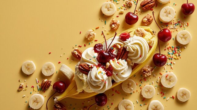 Banner photograph celebrating National Banana Split Day, close-up of a banana split dessert placed off-center to the left with whipped cream and cherry detail