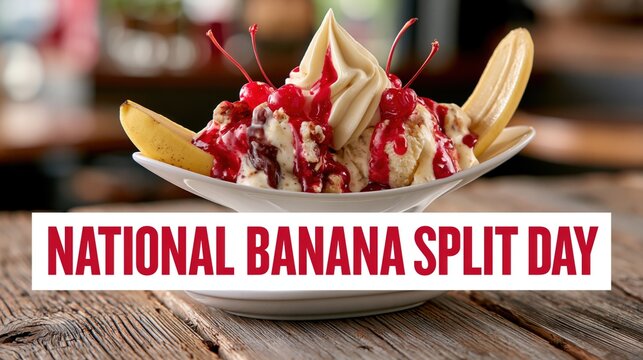 Banner photograph of a banana split dessert on a rustic wooden table, large bold red text "NATIONAL BANANA SPLIT DAY" positioned across the bottom third in a clean condensed sans-serif font