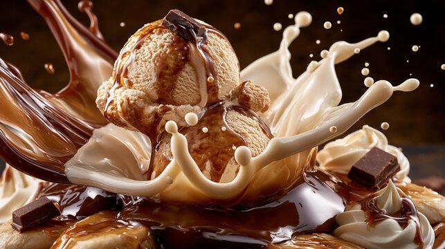National Banana Split Day:a scoop of ice cream splashing onto a banana split base, capturing the exact moment of impact with tiny ice cream droplets and cream splatter frozen in motion