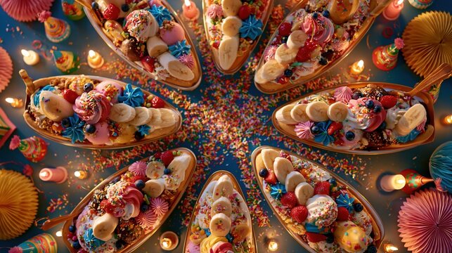 National Banana Split Day:a festive banana split celebration table, multiple dessert boats arranged in a circular pattern radiating from the center
