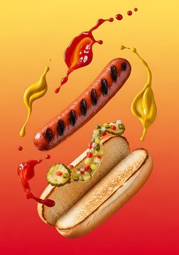 Grilled Hot Dog Floating with Ketchup and Mustard Splashes on Toasted Bun, Creative Fast Food Levitation against Red and Orange Background