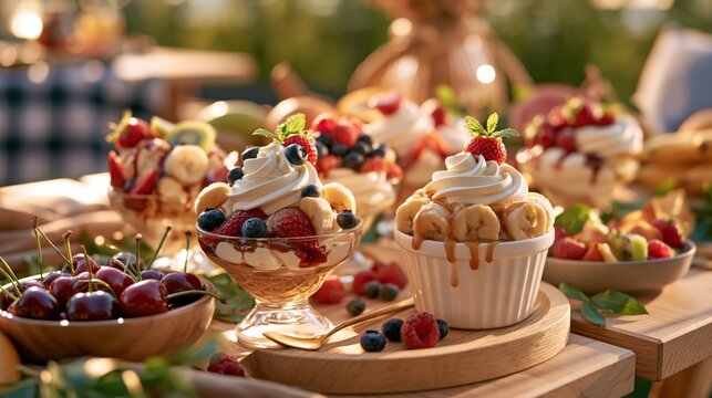 National Banana Split Day: wide banner photograph of multiple banana splits arranged in a row on a bright summer picnic table, fresh fruit and dessert props scattered around