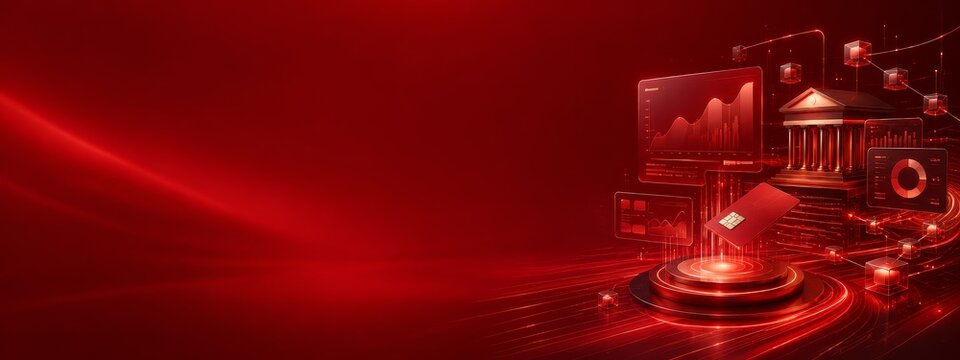 Innovative fintech solutions in digital banking environment with red background and financial graphics