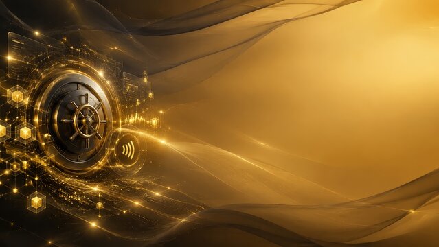 Futuristic digital banking concept with secure vault and golden waves representing fintech innovations and solutions