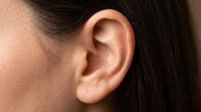 Female human ear close up cropped detail photo, no accessories or hair, suitable for skincare cosmetic treatment.