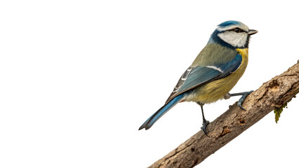 Small blue tit bird sitting perched on a wooden branch isolated on transparent background © Davis