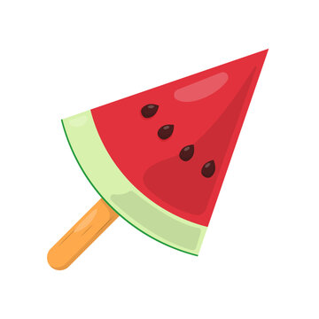 Watermelon Slice Popsicle Flat Illustration. Summer Fruit Slice Element Isolated on White Background
