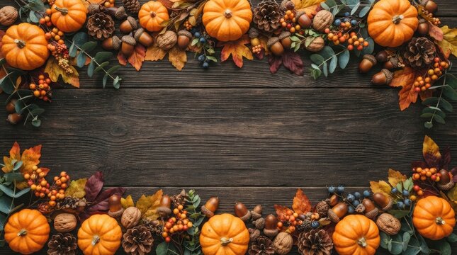 Rustic wooden background decorated with pumpkins and autumn leaves for thanksgiving holiday celebration