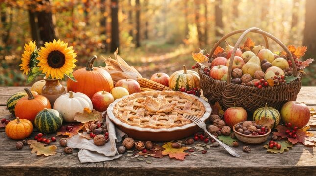 Traditional thanksgiving feast with pumpkin pie and autumn harvest vegetables on wooden table