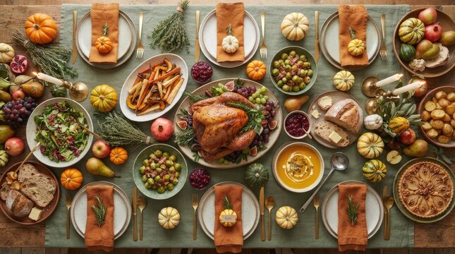 Top view of a festive thanksgiving dinner table with roasted turkey and traditional sides