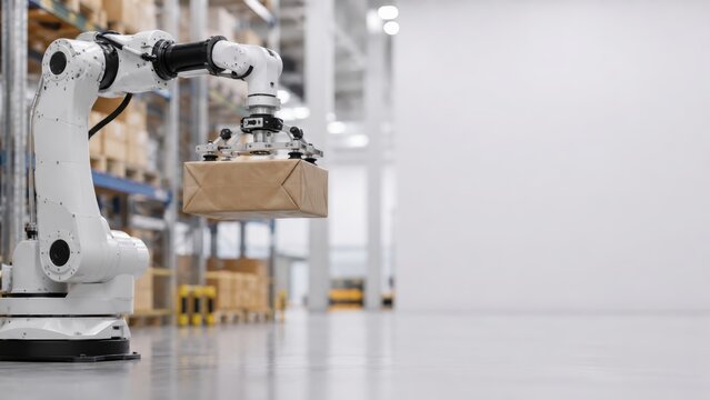 Automated sustainability robotic arm lifting eco package in a warehouse