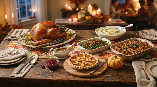 Traditional roasted turkey dinner served on a rustic table for a festive thanksgiving celebration