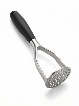 Potato masher with a black handle and stainless steel head isolated on white background