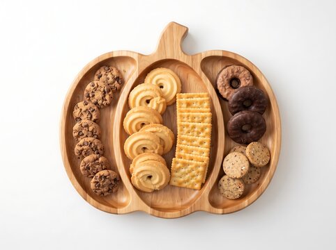 Pumpkin shaped wooden serving tray filled with various cookies and crackers isolated on white background