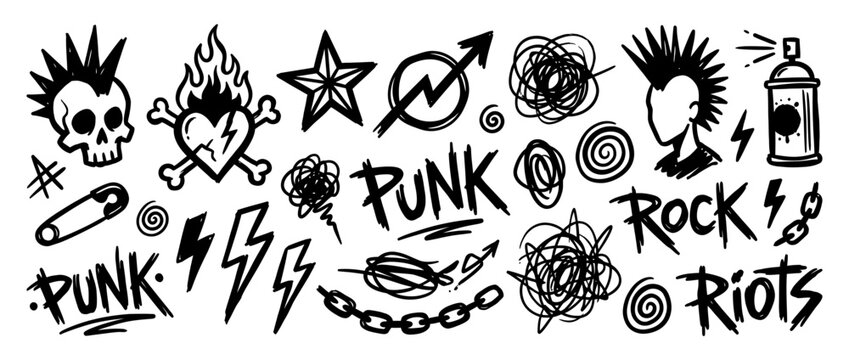 Punk rock graffiti and symbols, isolated doodles