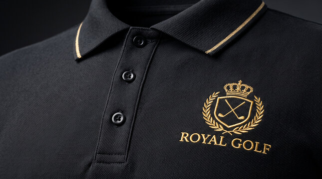 Black polo shirt mockup close up with gold tipped collar and embroidered gold crown golf emblem with ROYAL GOLF text
