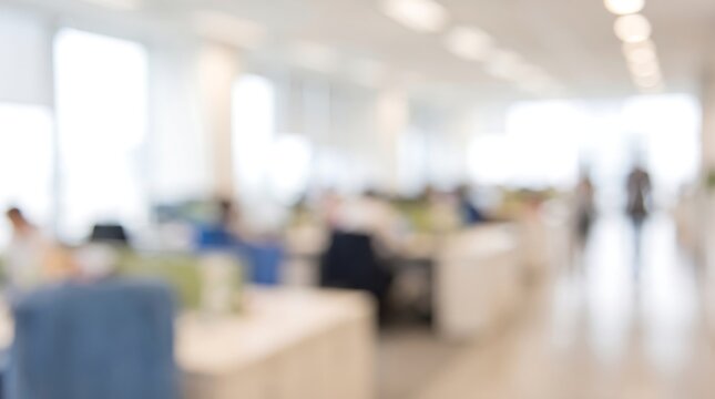 Bright and modern open plan office interior with blurred employees walking and working at desks for corporate business background and professional workplace lifestyle design concept