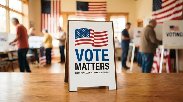 Vote matters sign on a wooden table at a polling place