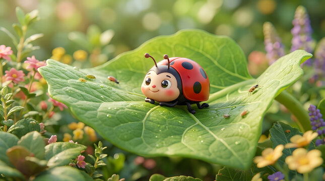 Cute ladybug crawling on green leaf
