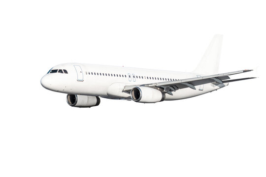 Modern white passenger plane flies isolated
