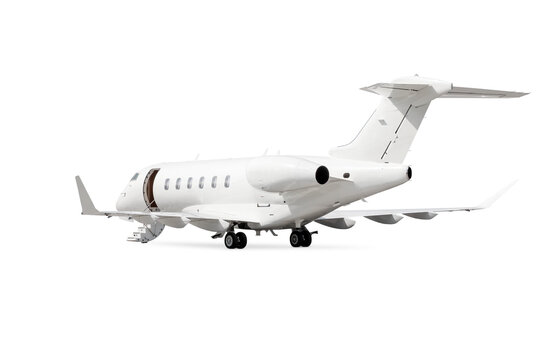 White luxury executive airplane with an opened gangway door isolated