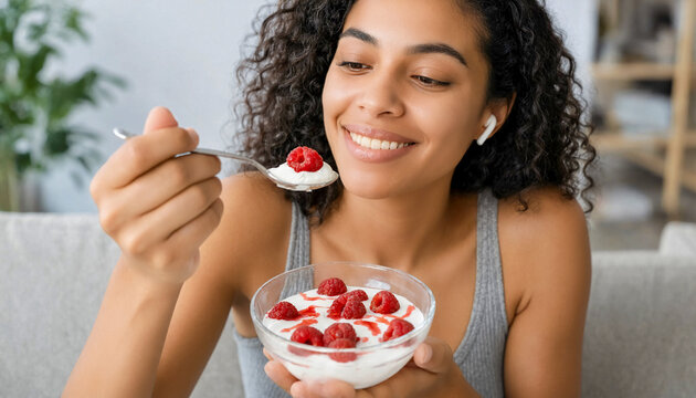 Young woman eating yogurt with fresh raspberries from a glass bowl