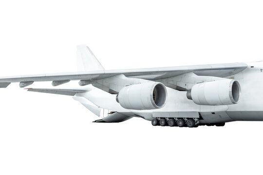 Unloading white big heavy freight aircraft isolated. The rear cargo compartment is open