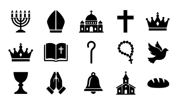 Black Christian Religious Symbols Icon Set with Cross Church Crown Chalice and Clergy Elements Vector Collection