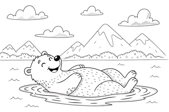 Smiling cartoon bear floating on a calm lake