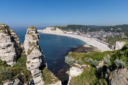 View of Etretat Beach from the Aval Cliff on the Alabaster Coast , Normandy, France