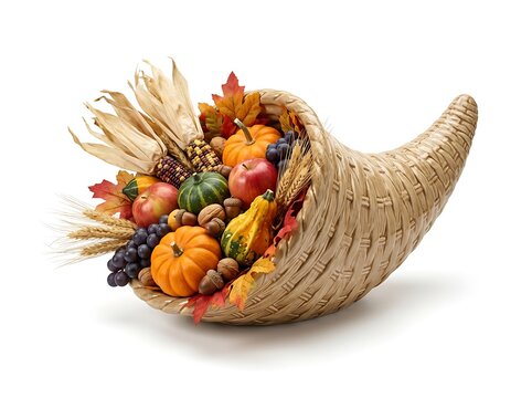Thanksgiving cornucopia basket with autumn harvest fruits and vegetables
