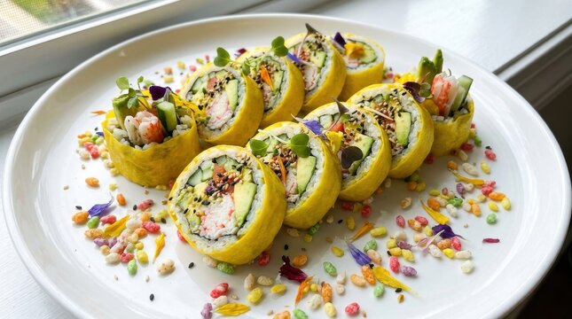 A beautifully plated sushi roll dish with colorful edible flowers and crispy puffed rice garnish on a white plate