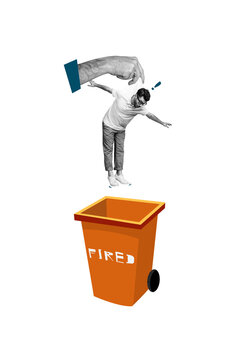 Vertical photo collage of astonished man hung upside down hand throw trash bin dismissal employee worker isolated on painted background