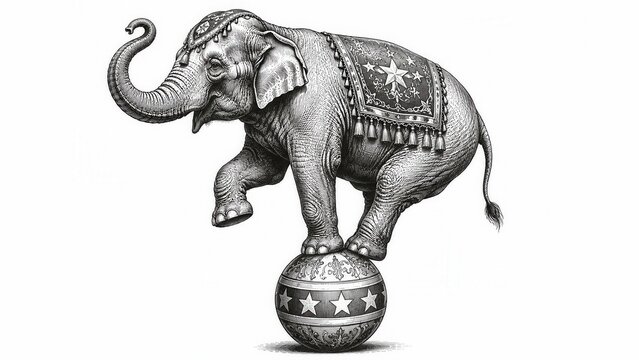 Circus elephant balancing on decorative ball engraving sketch vintage performance illustration isolated on white background