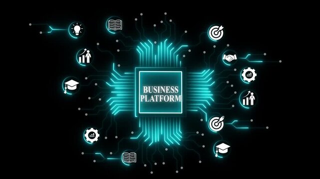 Optimized digital business process management concept with interconnected gears and icons in virtual blue network environment. Enterprise platform technology icons network with data server cloud icon.